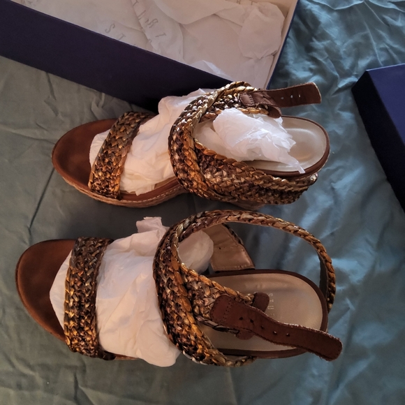 Stuart Weitzman Alex Wedge Platform Sandal 8.5 Gilt African Raffia - Picture 3 of 8